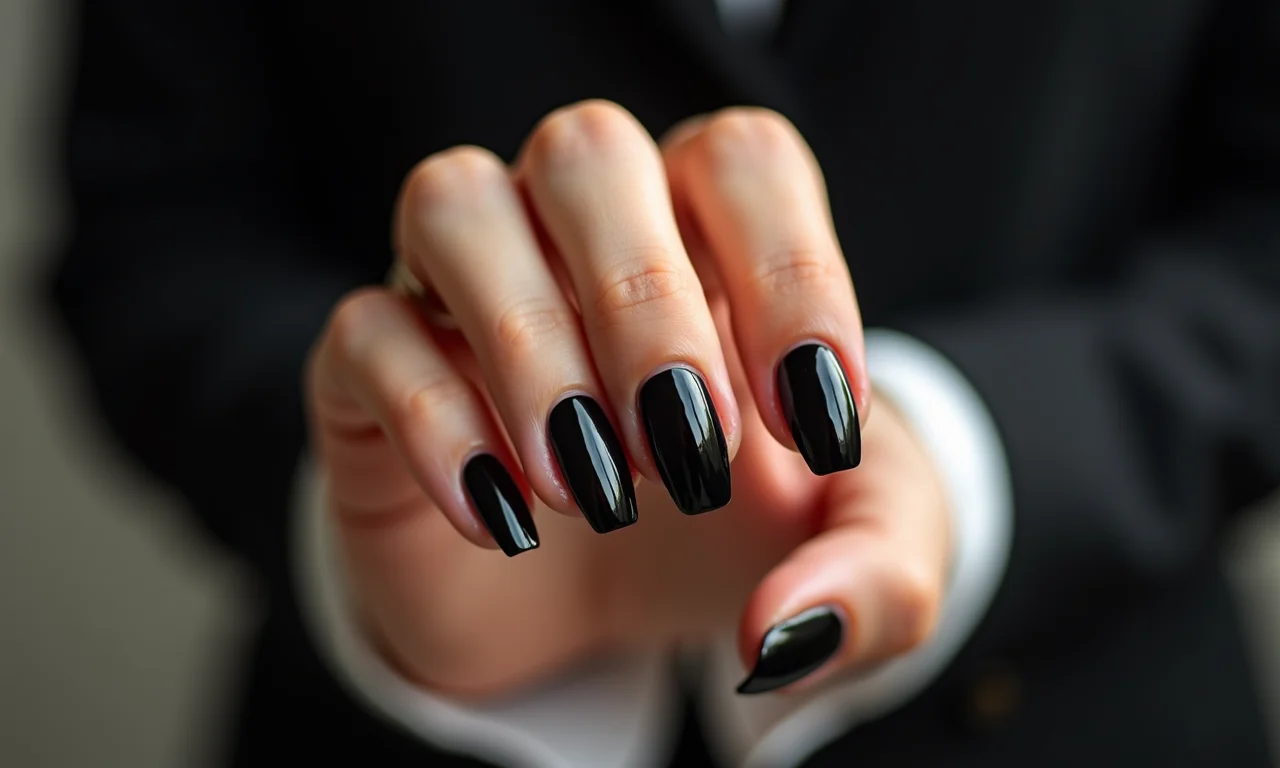Unhas pretas clássicas com acabamento brilhante.