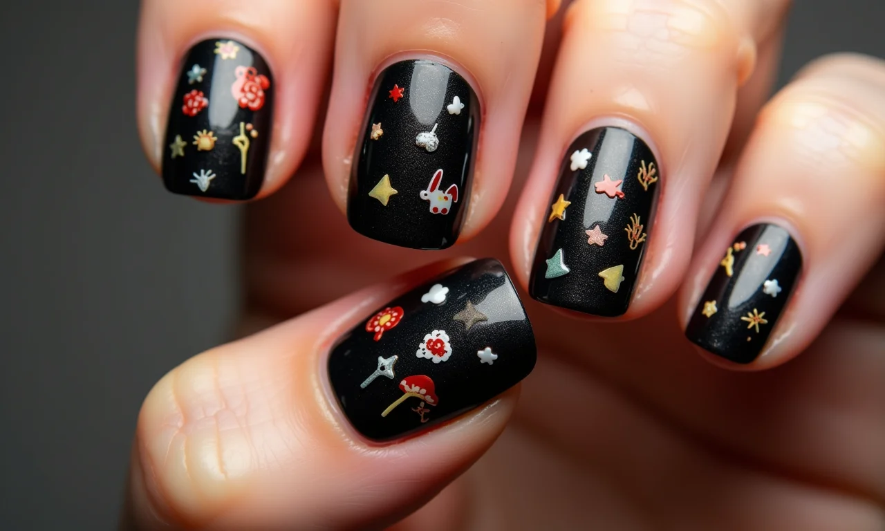 Unhas pretas com adesivos decorativos temáticos.