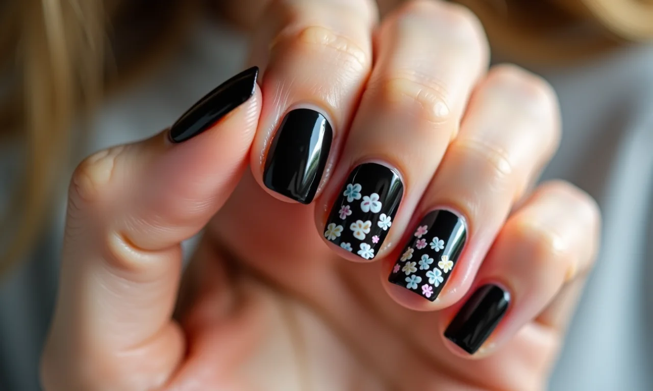 Unhas pretas com adesivos divertidos.