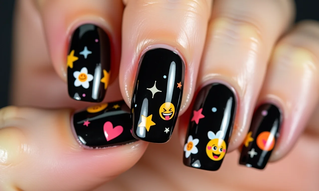 Unhas pretas com adesivos divertidos.