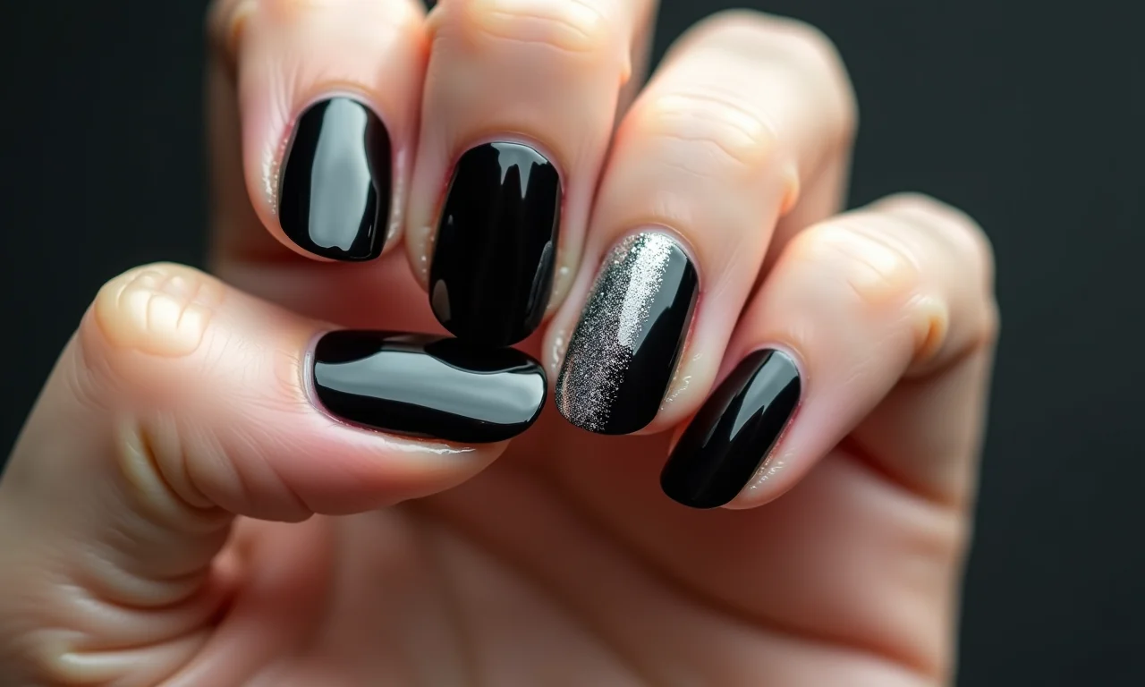 Unhas pretas com degradê de glitter prateado.