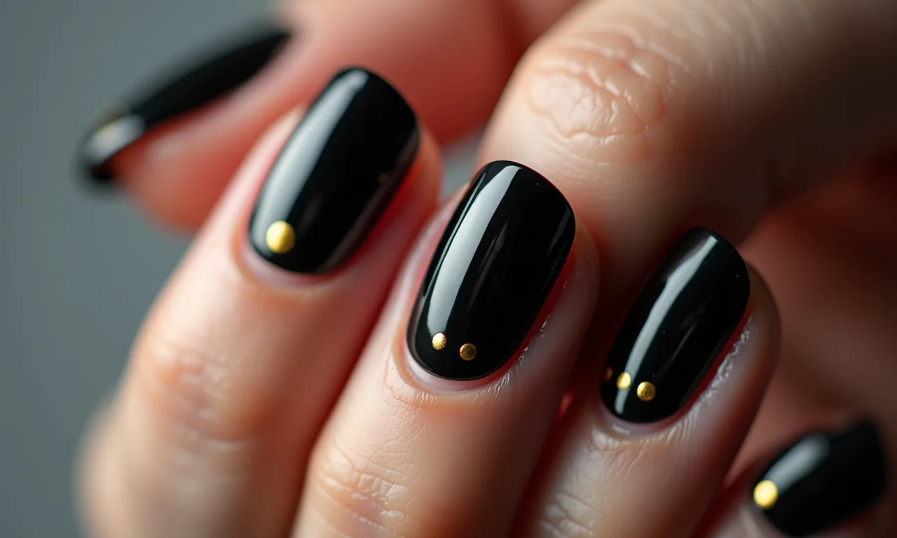 Unhas pretas com delicados pontinhos dourados.