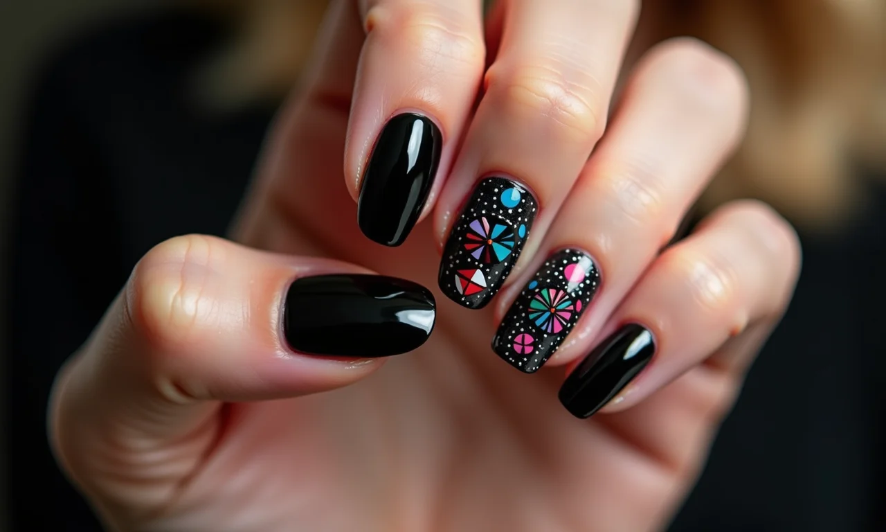 Unhas pretas com desenhos geométricos coloridos.