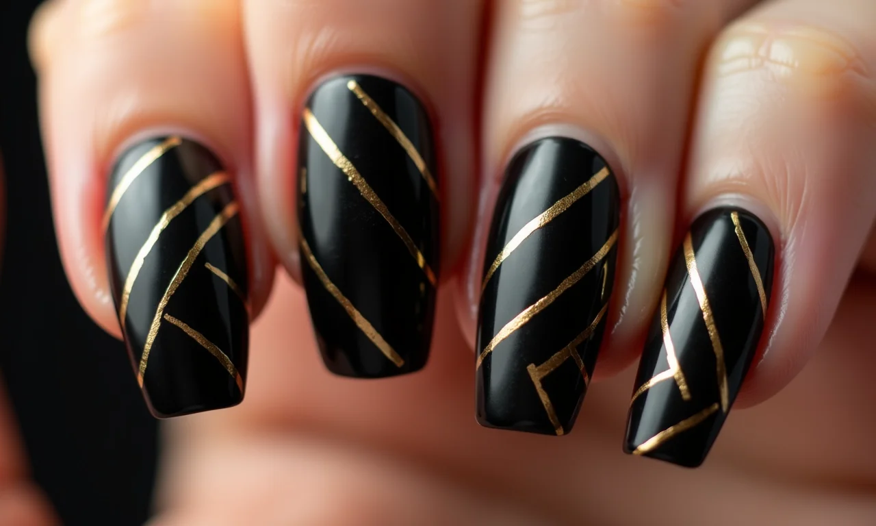 Unhas pretas com desenhos geométricos dourados.