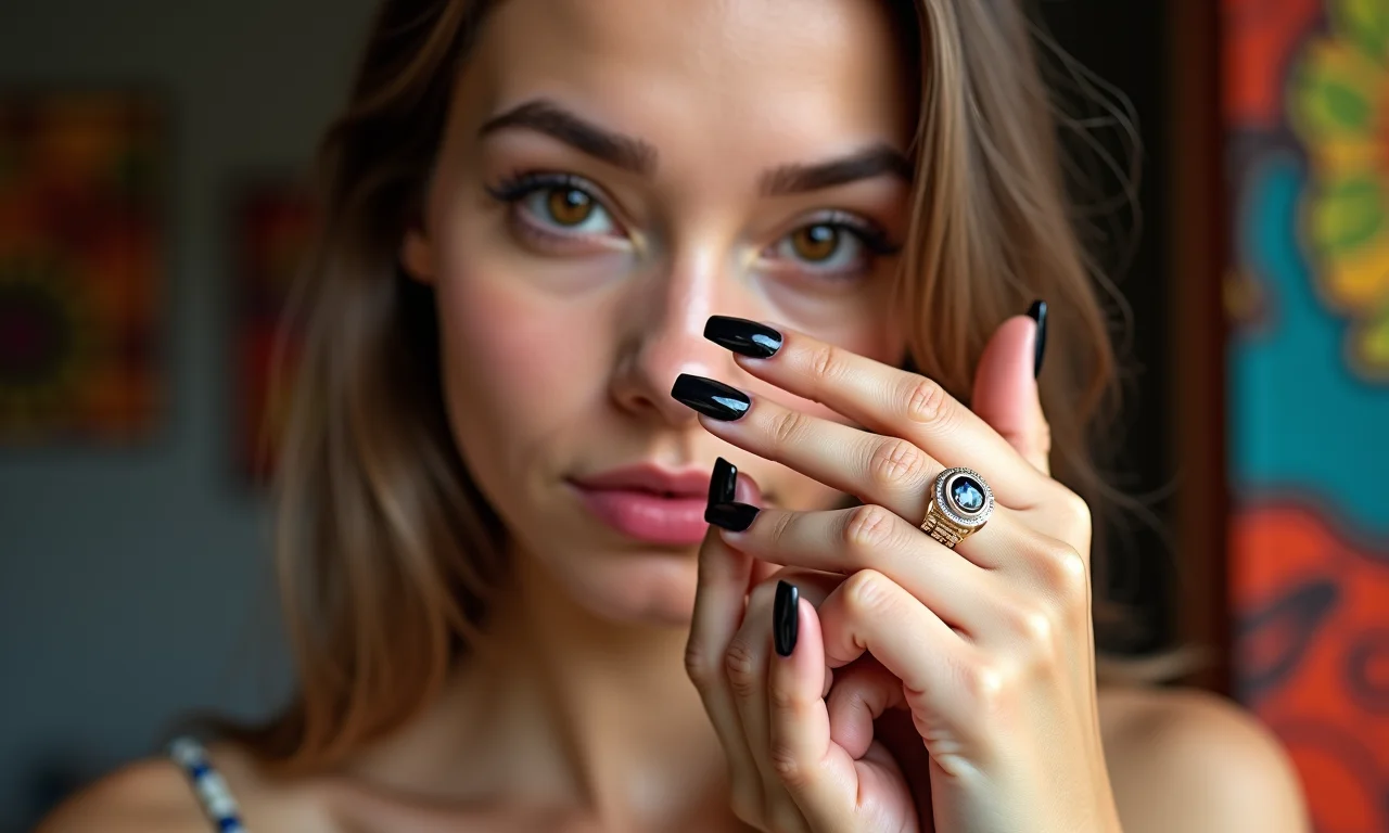 Unhas pretas com desenhos: liberdade para criar.
