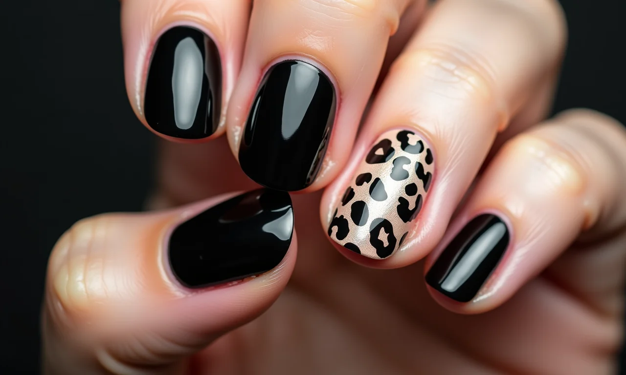 Unhas pretas com detalhes de animal print.
