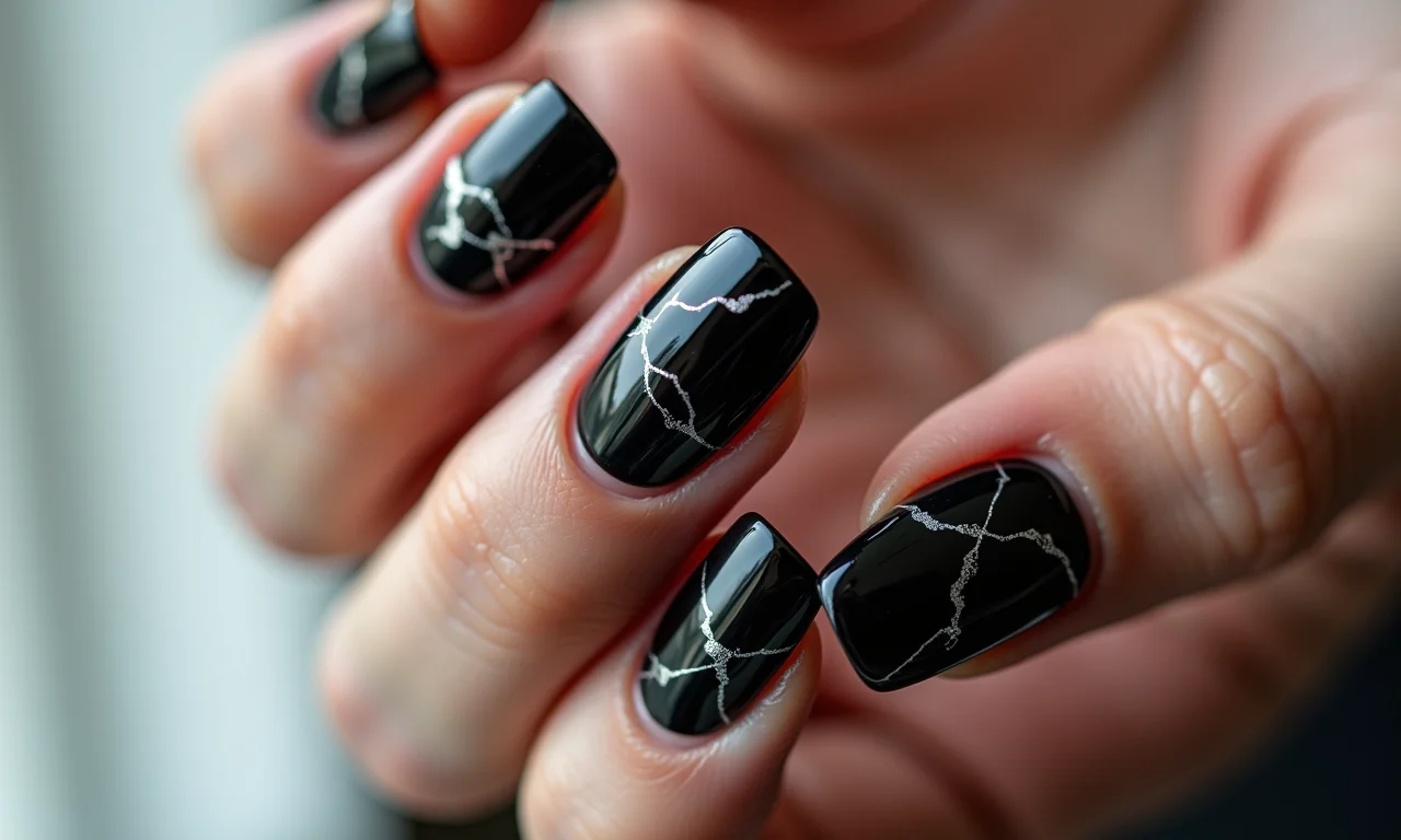 Unhas pretas com efeito mármore elegante.