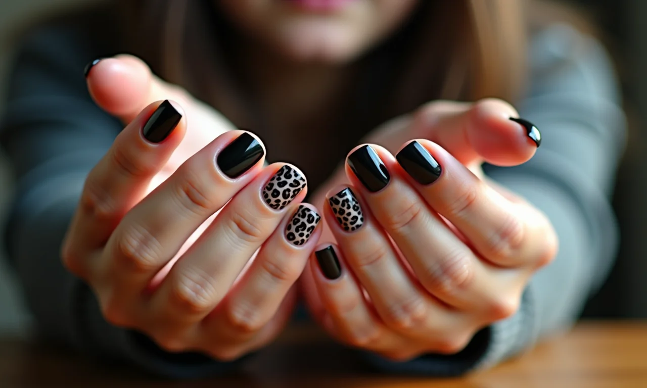 Unhas pretas com estampa de animal print.