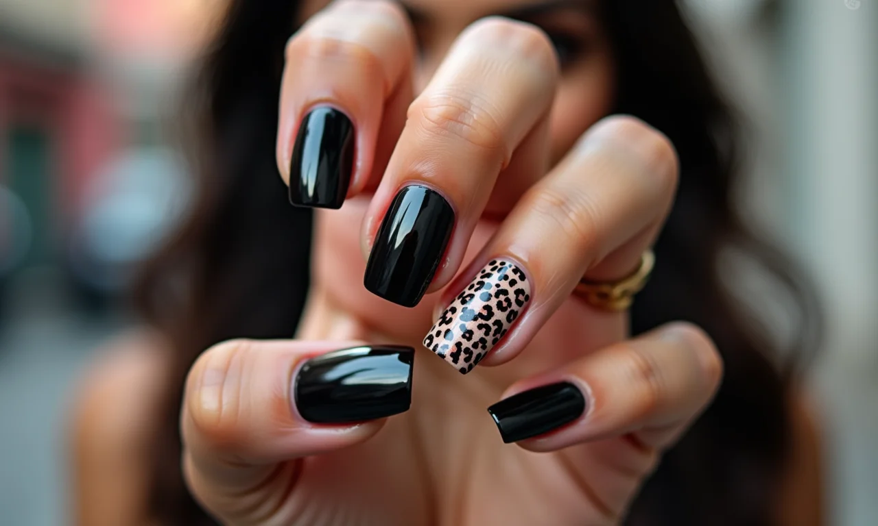 Unhas pretas com estampa de oncinha.