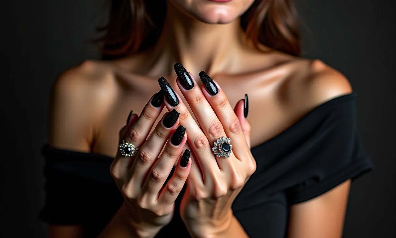 Unhas pretas com glitter: elegância e sofisticação em destaque.