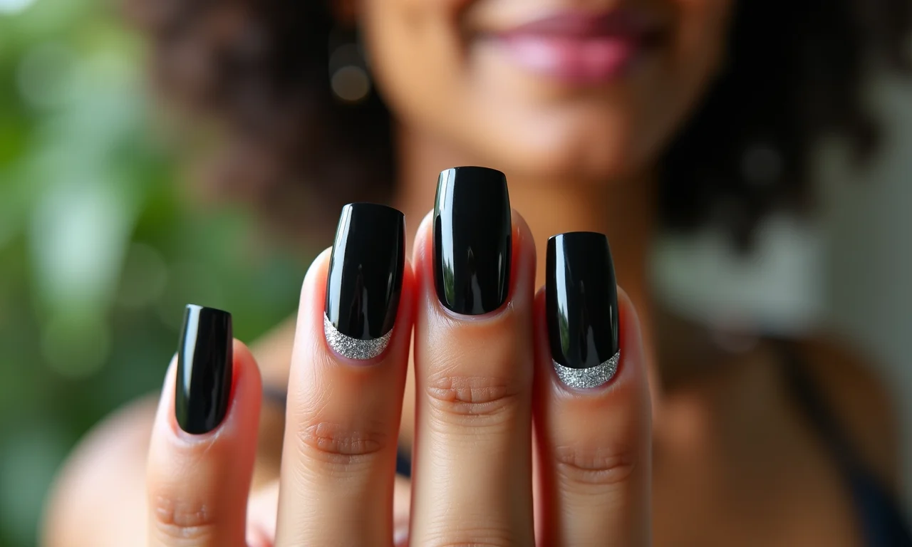 Unhas pretas com glitter prata, brilho sofisticado.