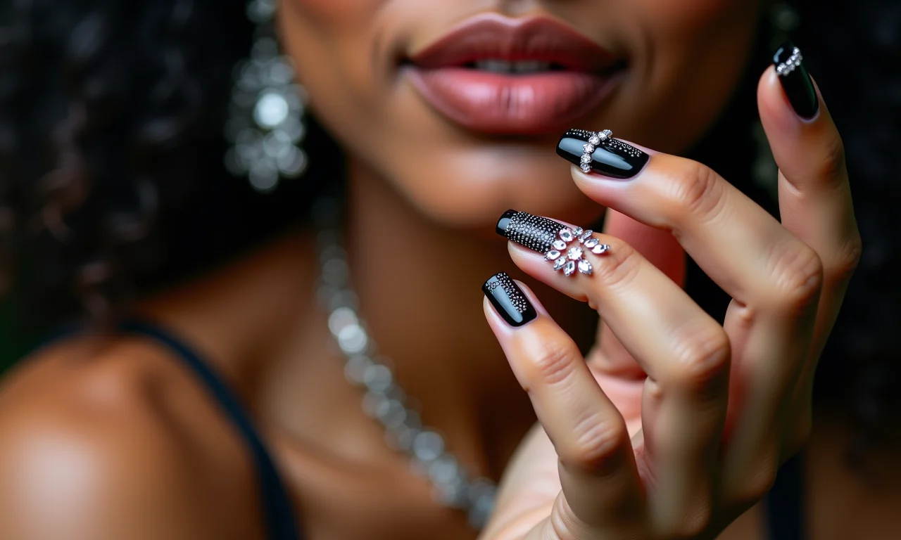Unhas pretas com pedrarias brilhantes, glamour.