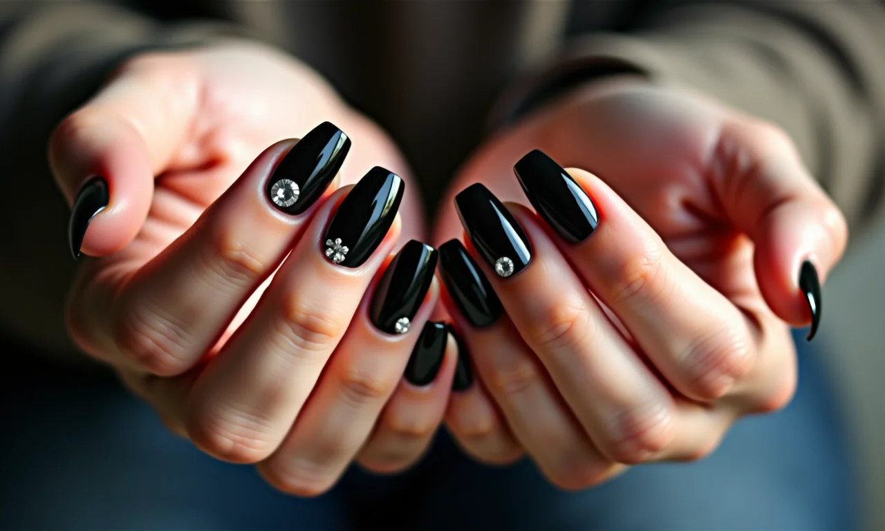 Unhas pretas com pedrarias delicadas.
