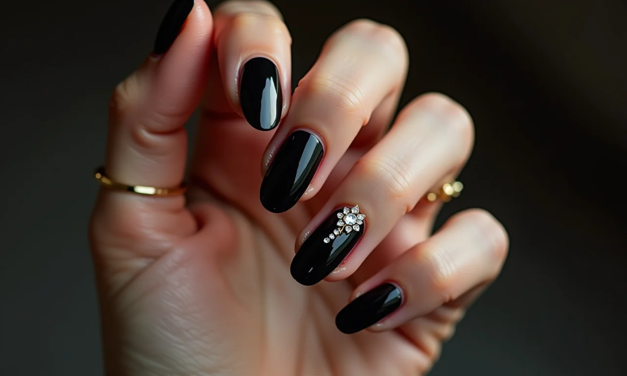 Unhas pretas com pedras: um toque de glamour.