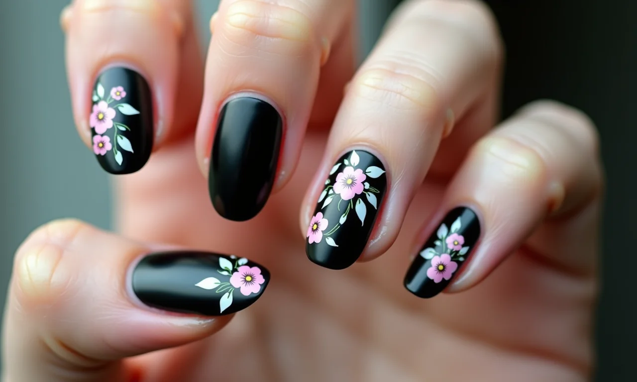 Unhas pretas decoradas com flores delicadas.
