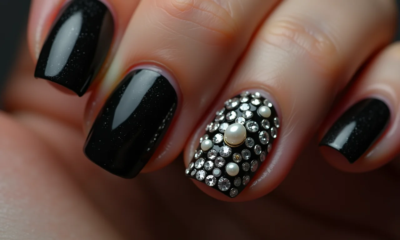 Unhas pretas decoradas com pedrarias e pérolas.