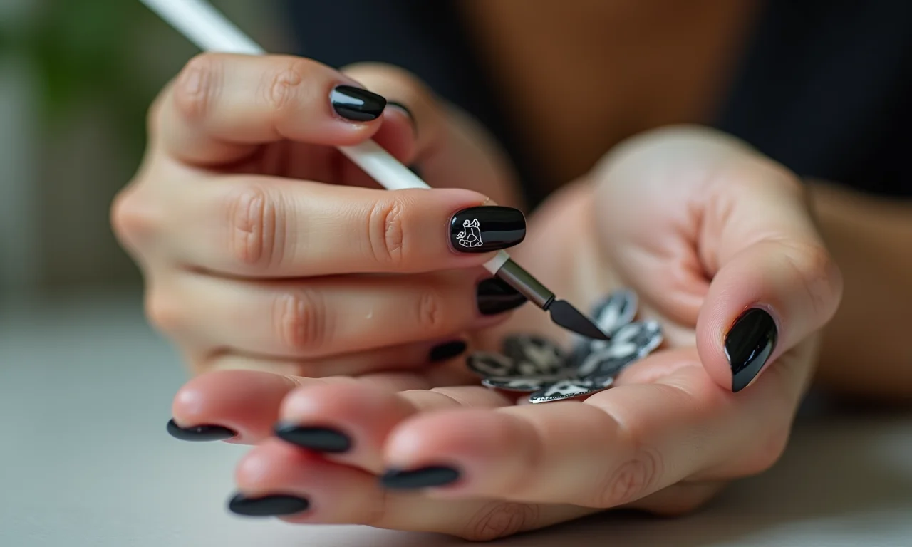 Unhas pretas decoradas com películas: praticidade e estilo.