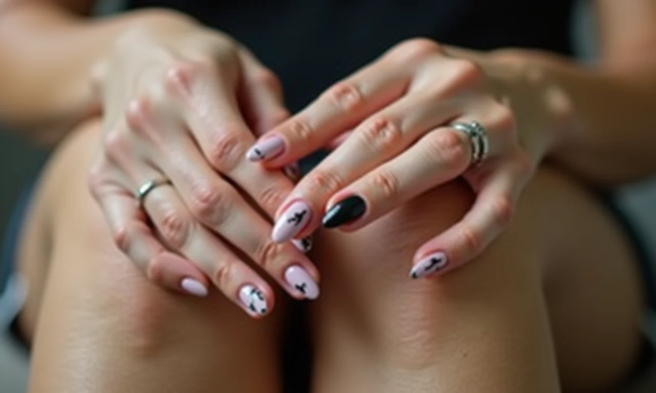 Unhas pretas decoradas, estilo minimalista e elegante.