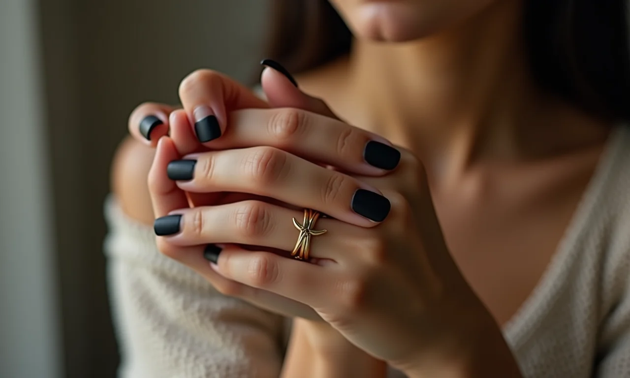 Unhas pretas foscas com anel dourado.