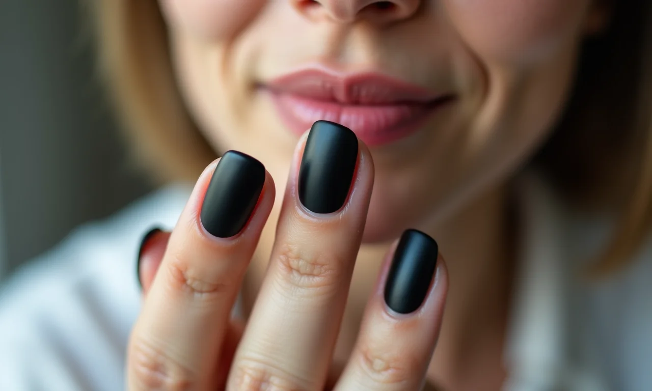 Unhas pretas foscas com detalhes brilhantes.