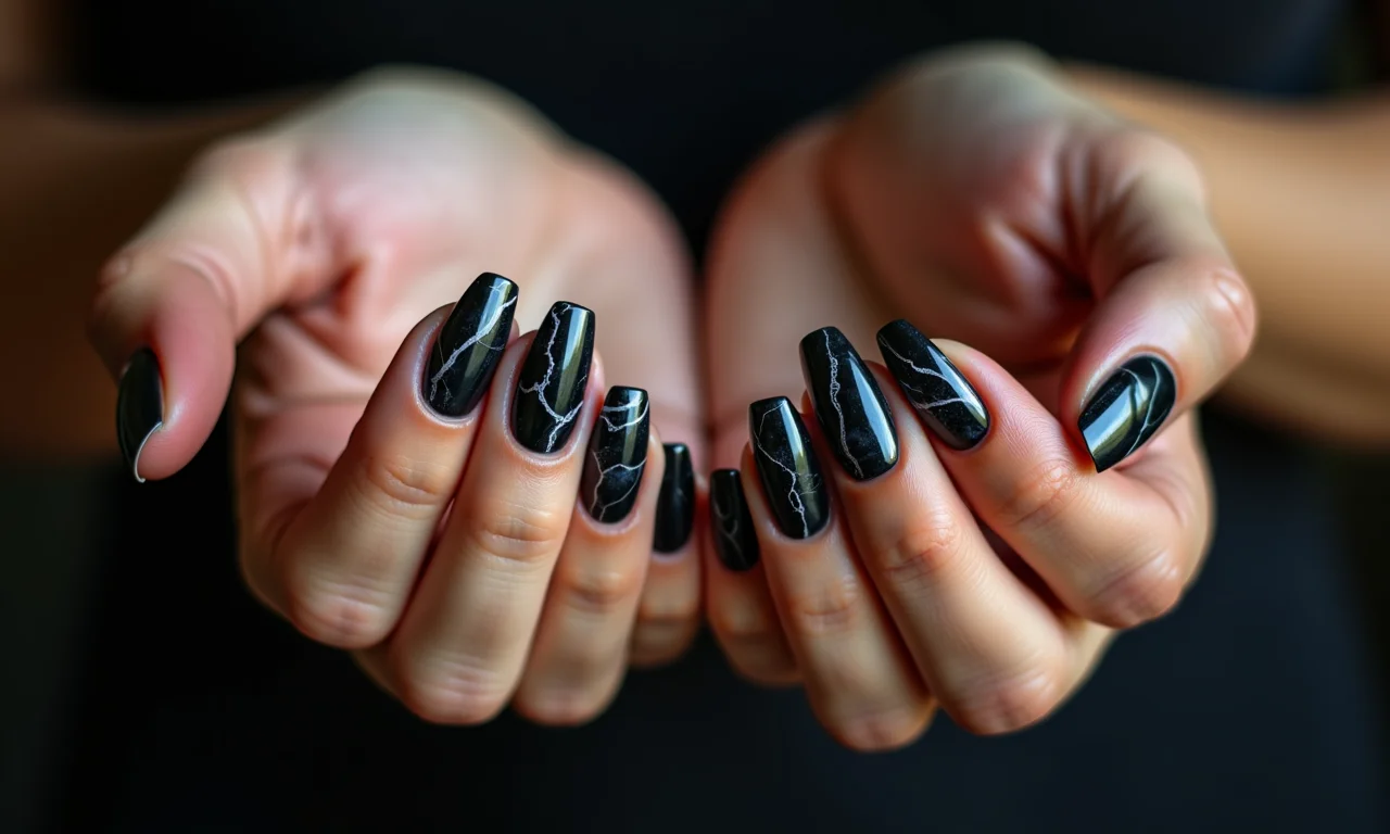 Unhas pretas marmorizadas com efeito elegante.
