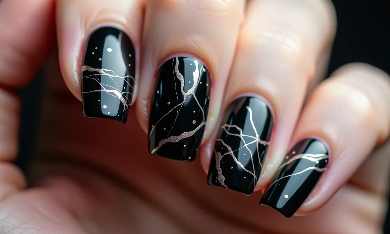 Unhas pretas marmorizadas com efeito sofisticado.