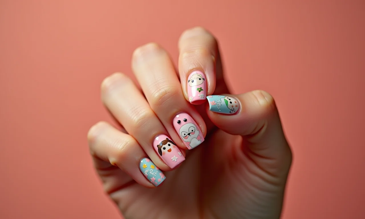 Unhas quadradas com adesivos, opção prática e versátil.