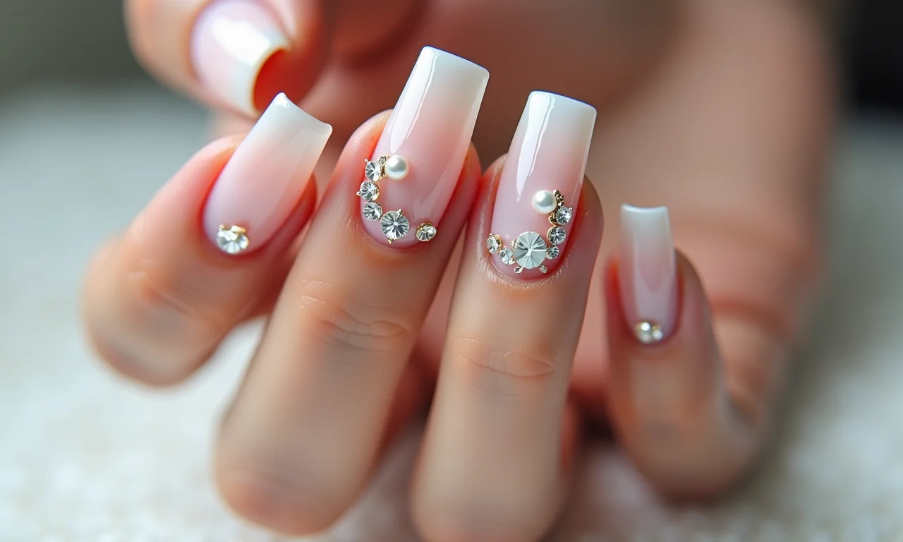 Unhas quadradas com aplicações sutis de pérolas e strass.