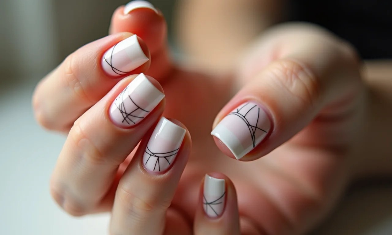Unhas quadradas com desenhos minimalistas, traços finos e elegantes.