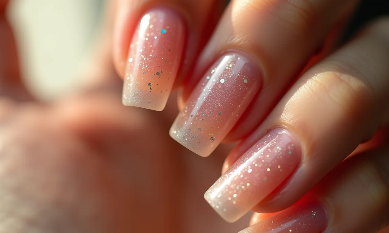 Unhas quadradas com glitter discreto, toque de brilho elegante.