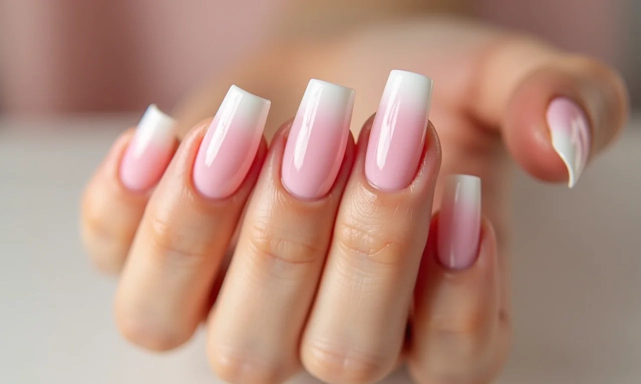 Unhas quadradas com ombré delicado em tons pastel.