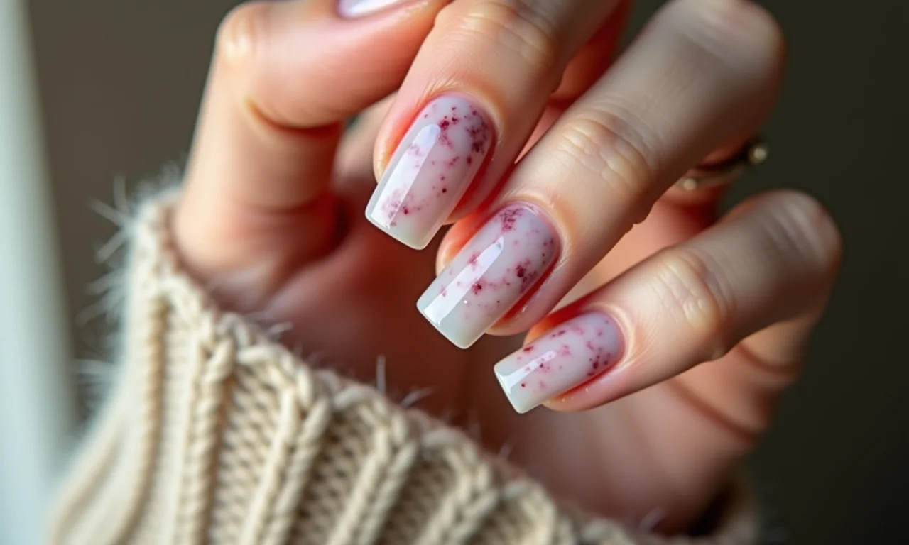 Unhas quadradas marmorizadas, efeito sofisticado e delicado.