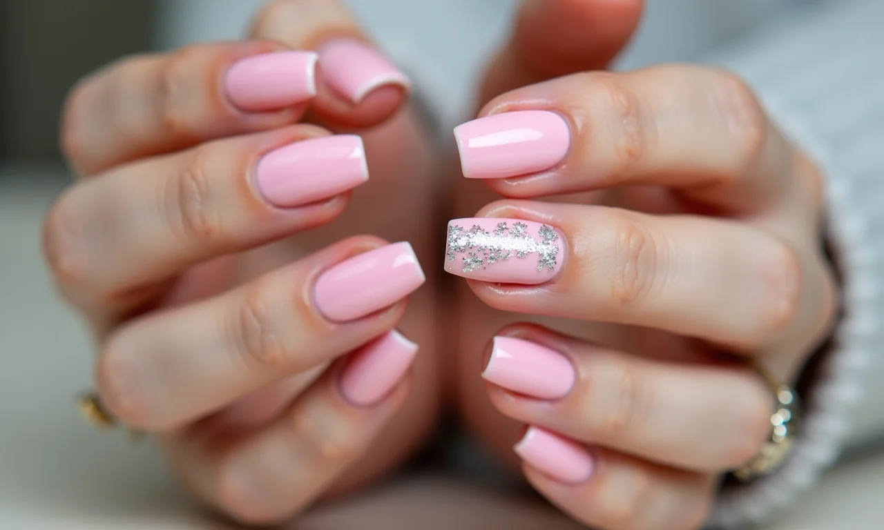 Unhas rosa bebê com glitter, toque de brilho.