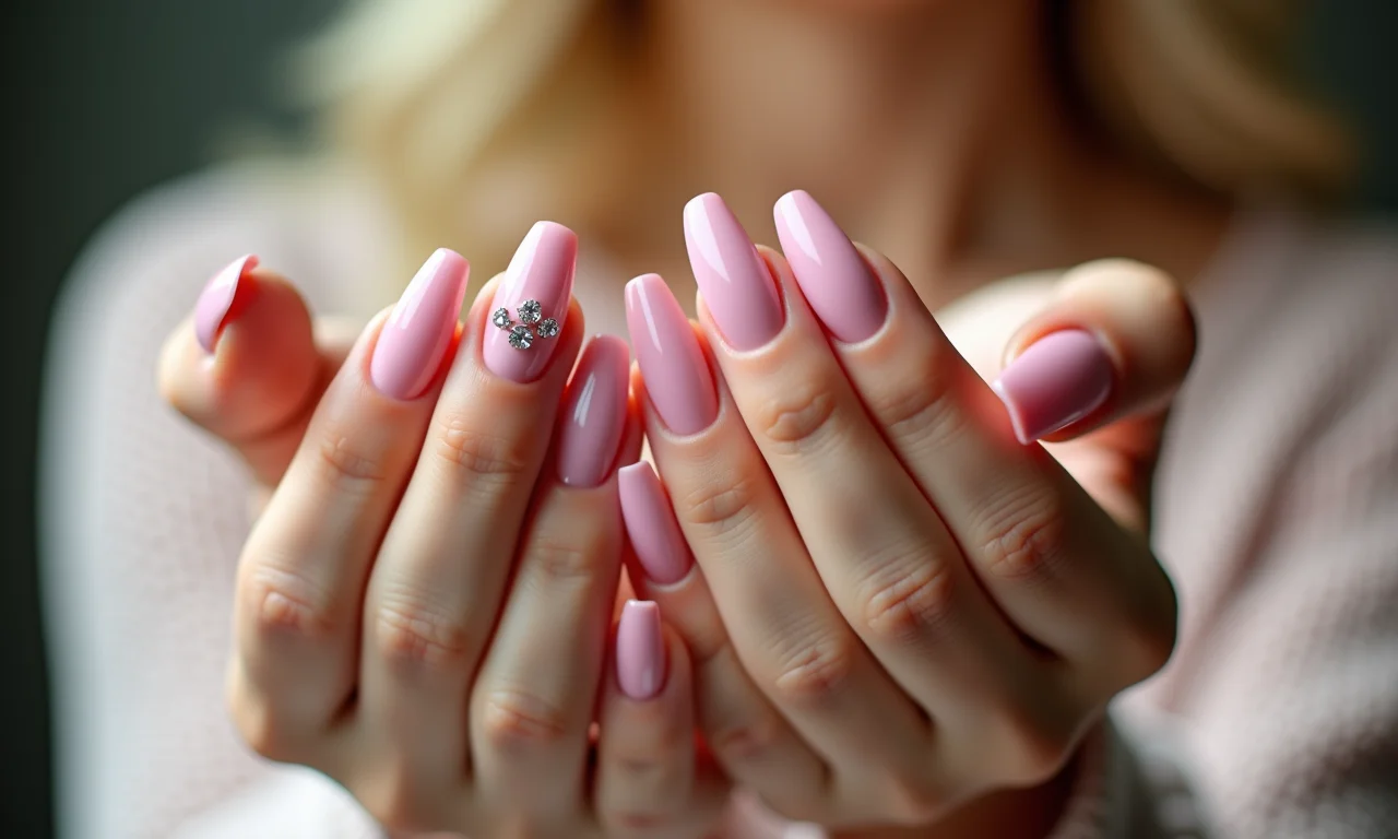 Unhas rosa bebê com pedrarias, glamour sutil.