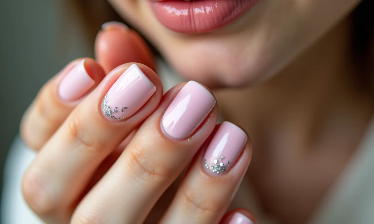 Unhas rosinhas com glitter delicado.