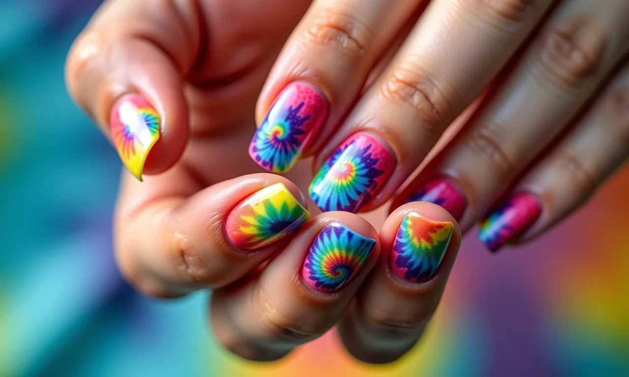 Unhas Tie-Dye com cores vibrantes e padrões psicodélicos.