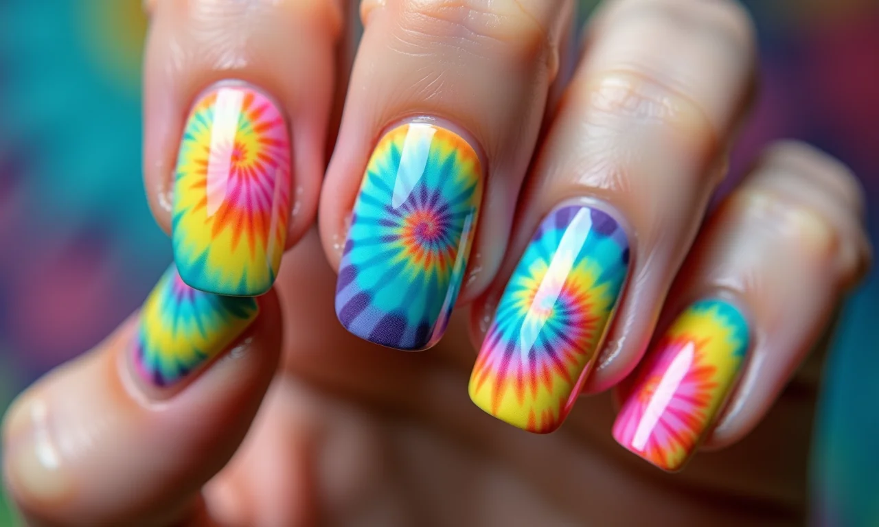 Unhas tie dye com cores vibrantes em estilo hippie chic.