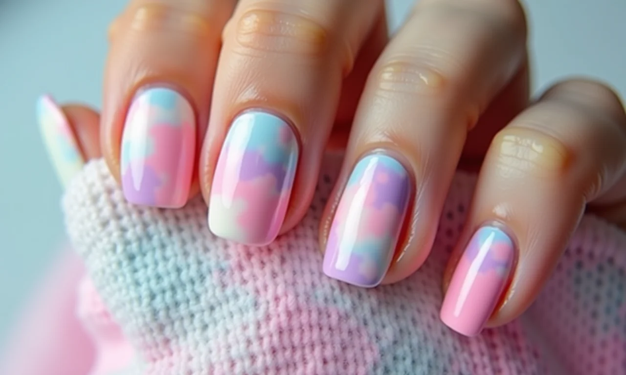 Unhas tie-dye em cores pastel.