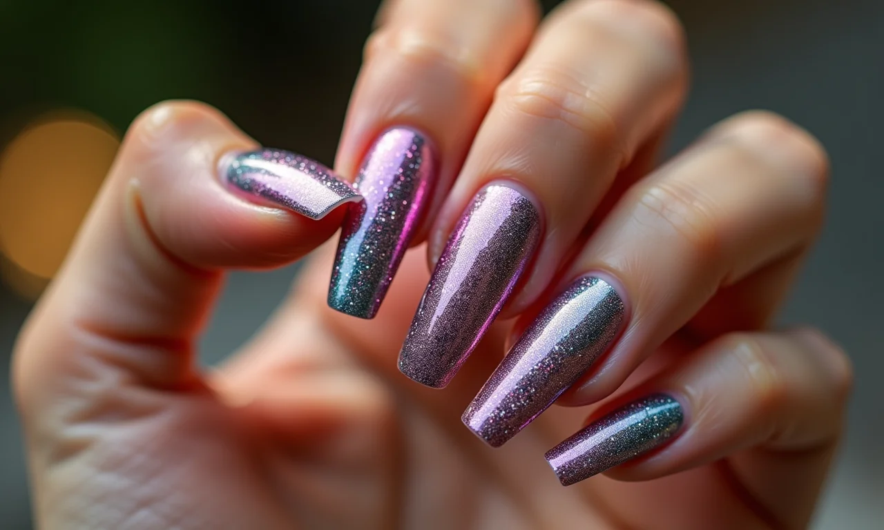 Unhas totalmente cobertas com glitter brilhante.