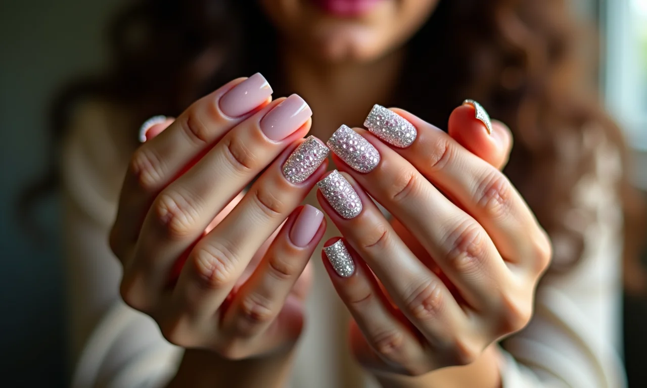 Unhas totalmente decoradas com pedras brilhantes.