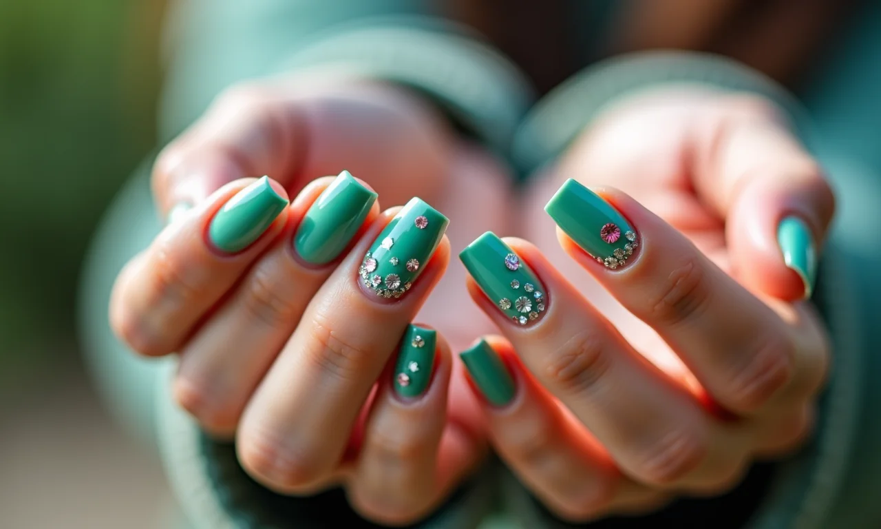 Unhas verde água com adesivos e aplicações, criatividade e estilo.