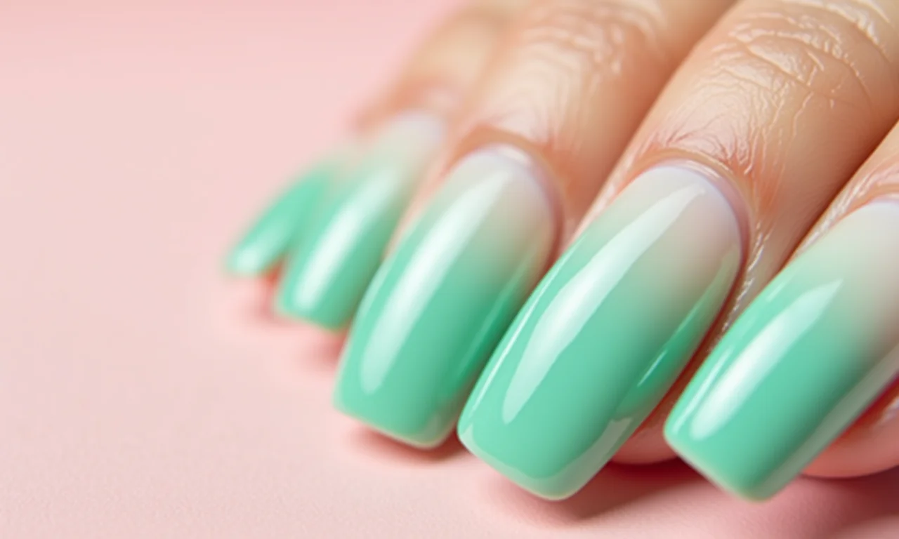 Unhas verde água com degradê rosa, transição suave de cores.