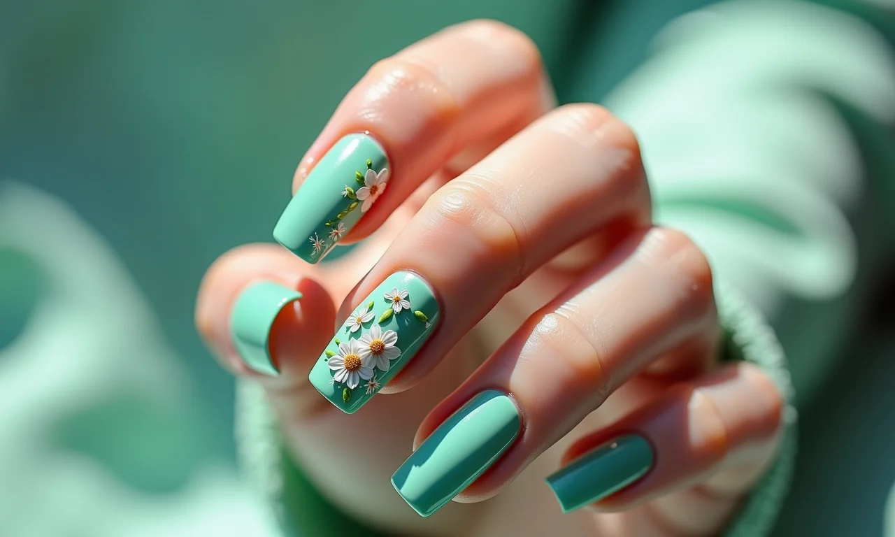 Unhas verde água com desenhos florais temáticos, arte e delicadeza.