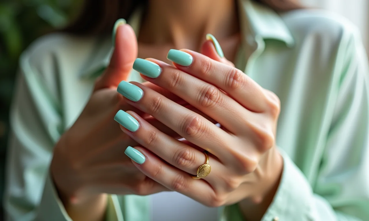 Unhas verde água combinando com look casual, versatilidade para o dia a dia.