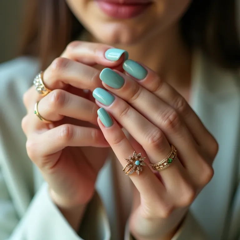 Unhas verde água: delicadeza e leveza em close-up.