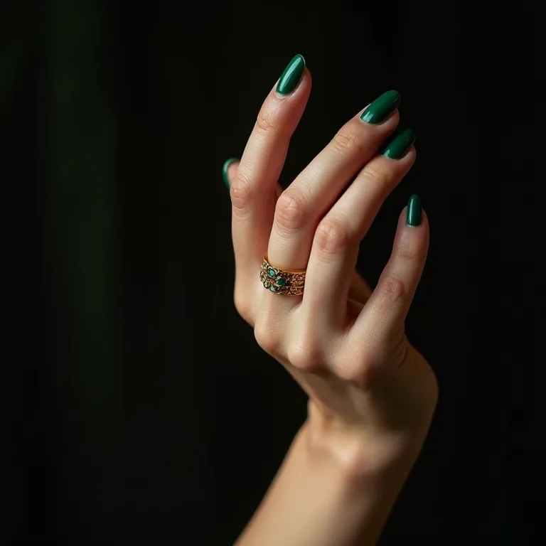 Unhas verde esmeralda com anel dourado.
