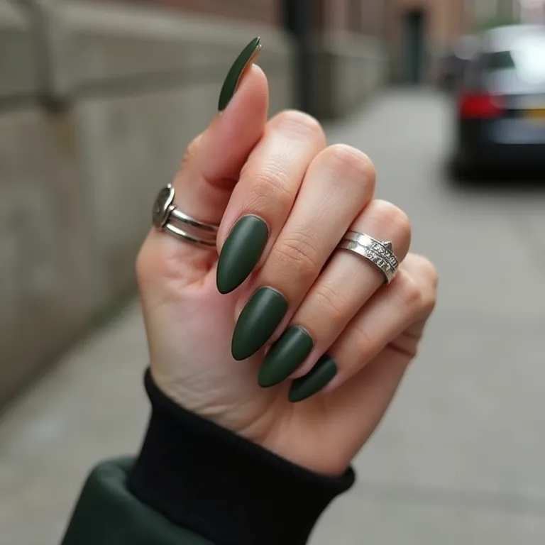 Unhas verde militar com acessórios prateados.