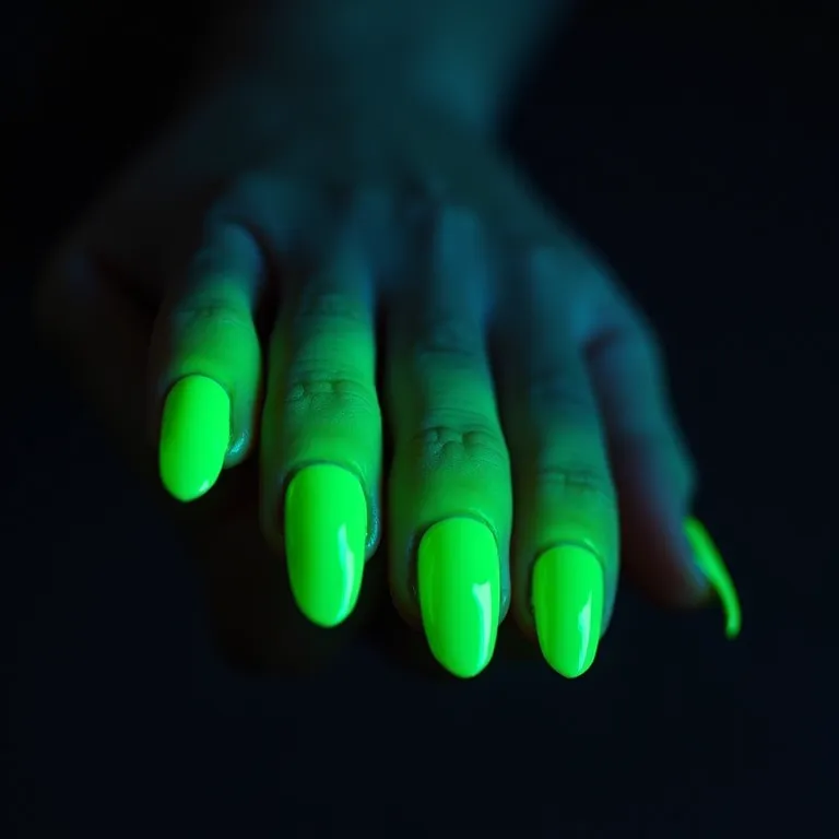 Unhas verde neon brilhantes.