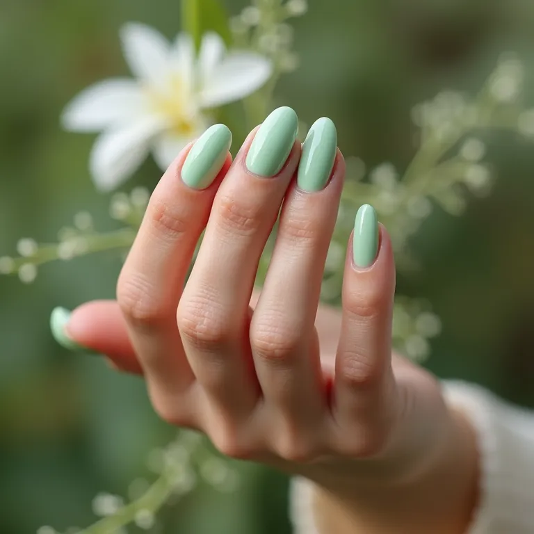 Unhas verde pastel com decoração floral delicada.