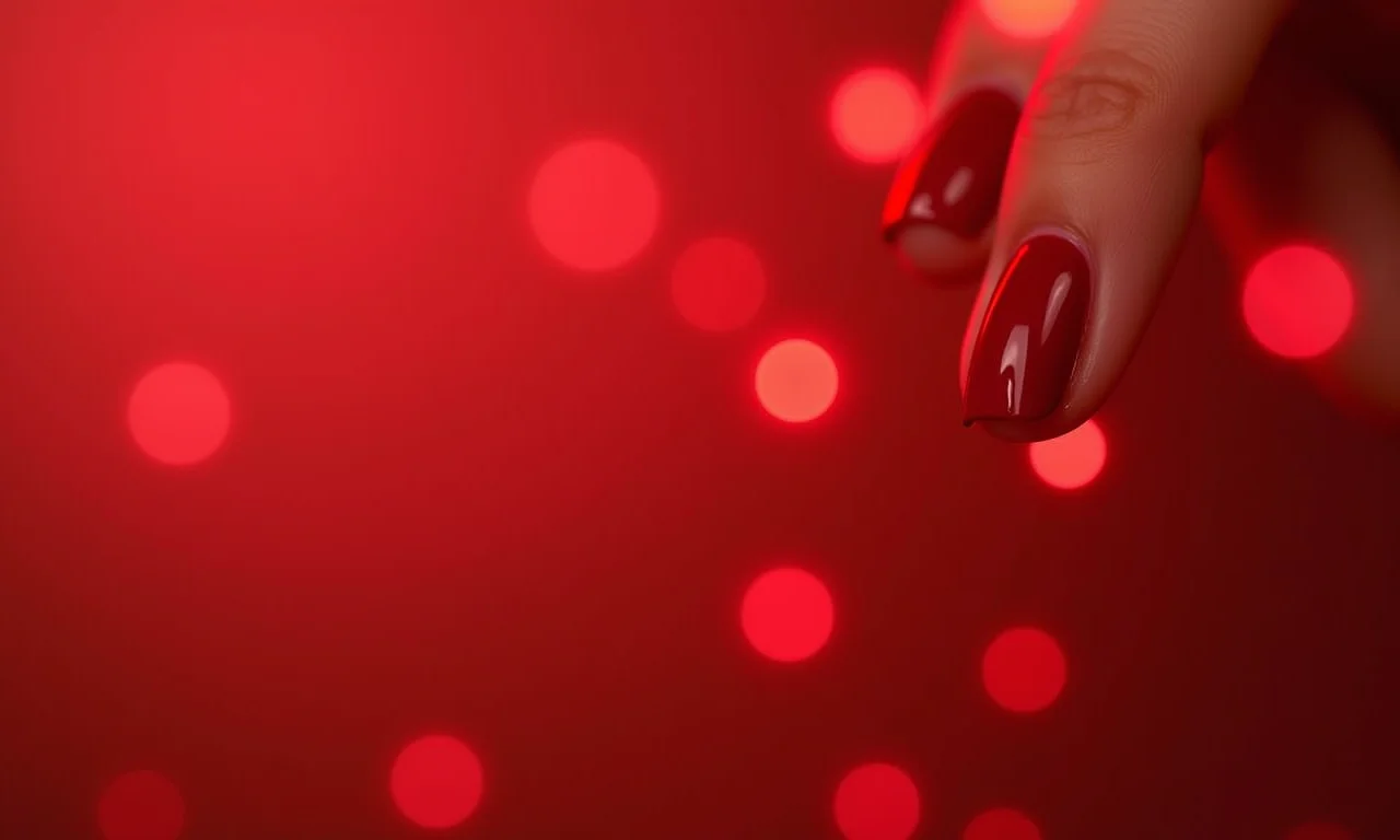 Unhas vermelhas bem cuidadas com fundo bokeh romântico.